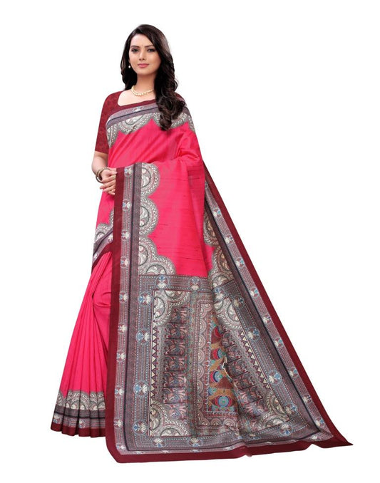 Pink  Printed Silk Saree