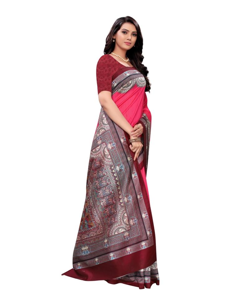 Pink  Printed Silk Saree