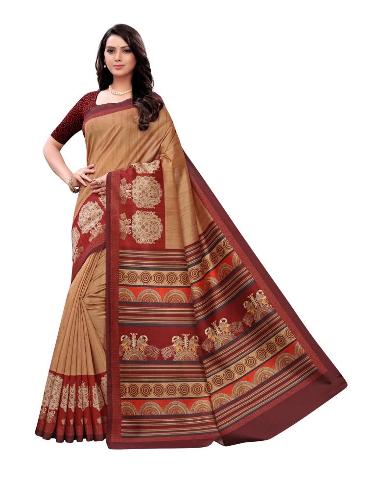 Brown  Printed Silk Saree