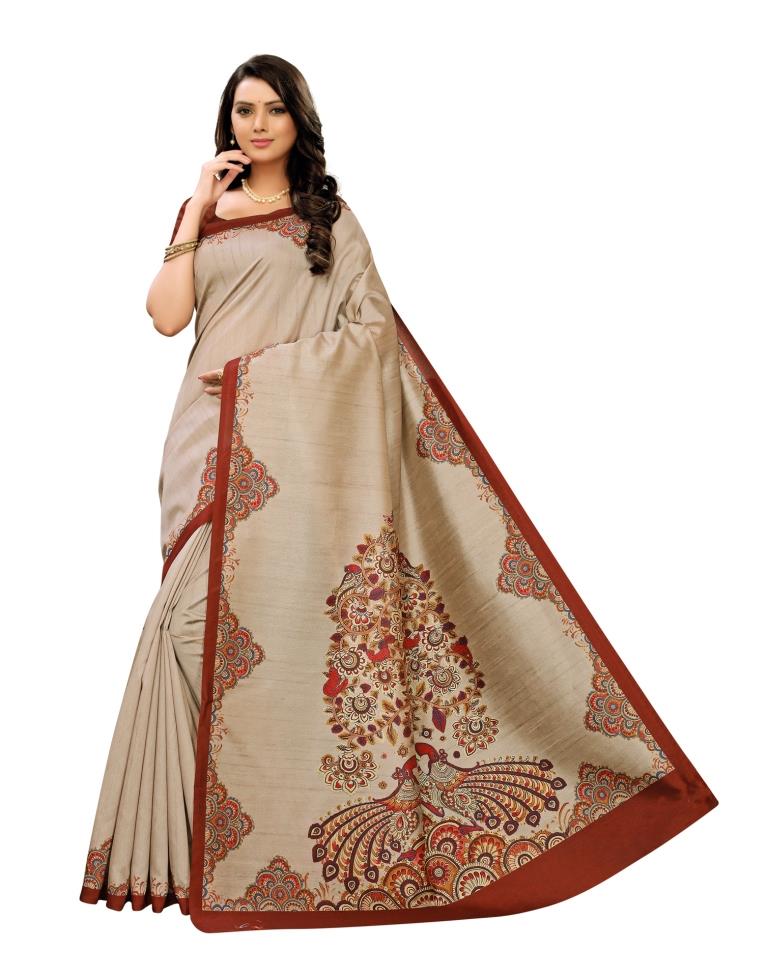 Warm Beige Coloured Digital Printed Silk Saree | Leemboodi