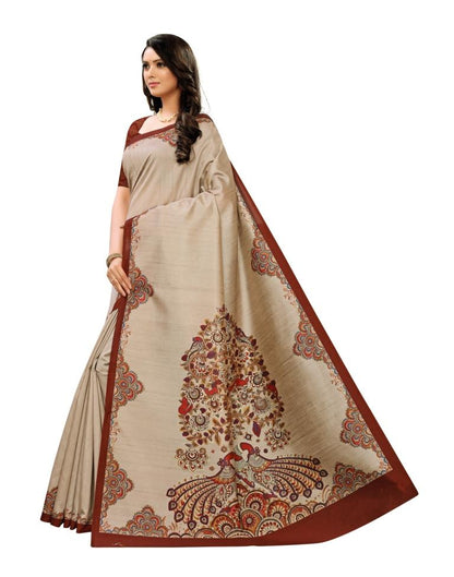 Warm Beige Coloured Digital Printed Silk Saree | Leemboodi