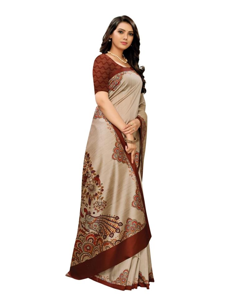 Warm Beige Coloured Digital Printed Silk Saree | Leemboodi