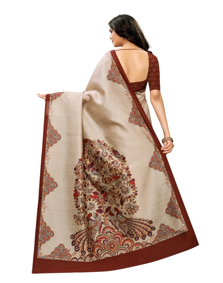 Warm Beige Coloured Digital Printed Silk Saree | Leemboodi