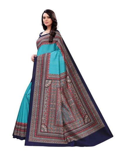 Torquise Blue Coloured Poly Silk Digital Printed Partywear saree | Sudathi