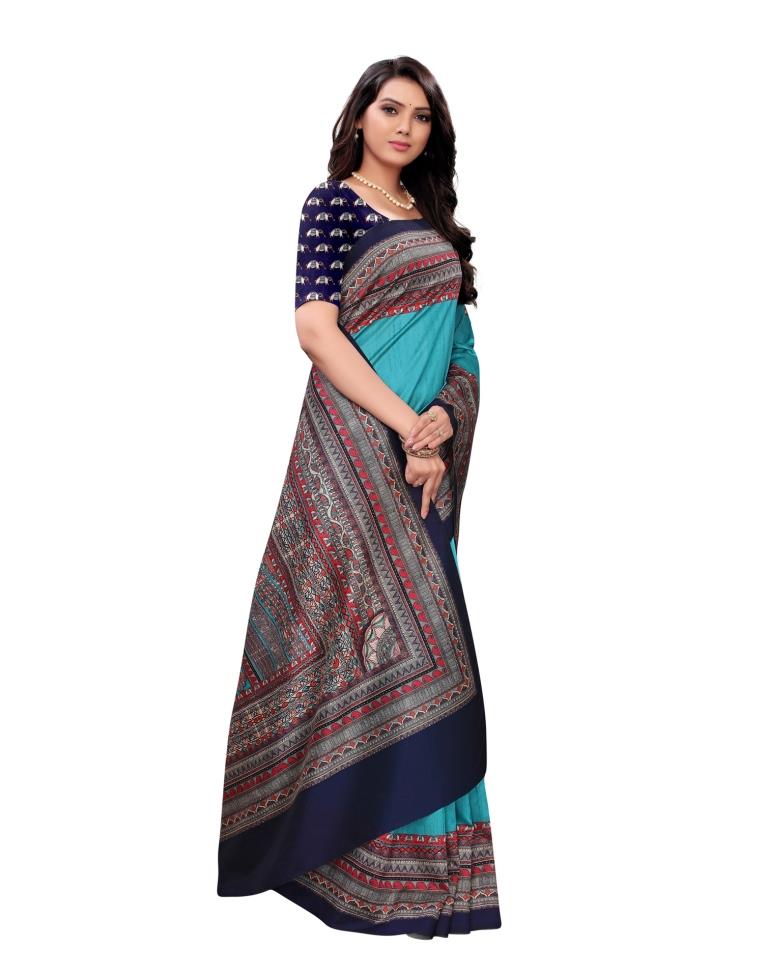 Torquise Blue Coloured Poly Silk Digital Printed Partywear saree | Sudathi