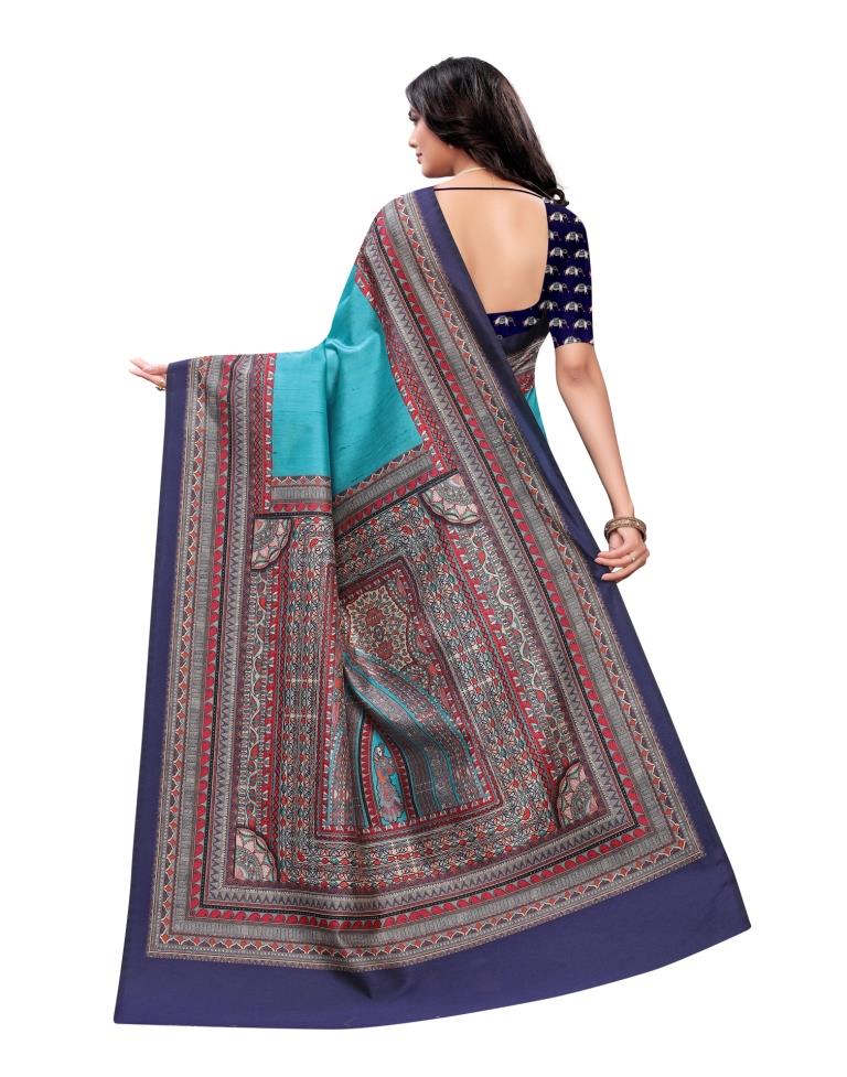 Torquise Blue Coloured Poly Silk Digital Printed Partywear saree | Sudathi