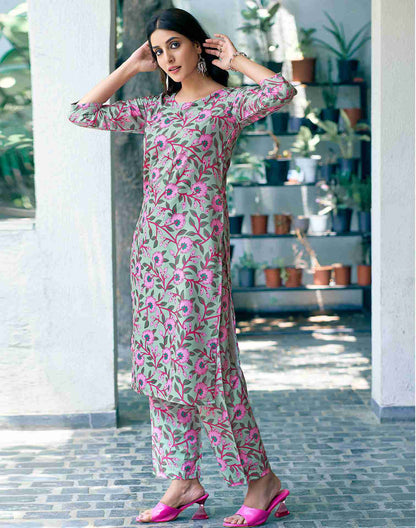 Green Rayon Printed Kurta Set With Dupatta