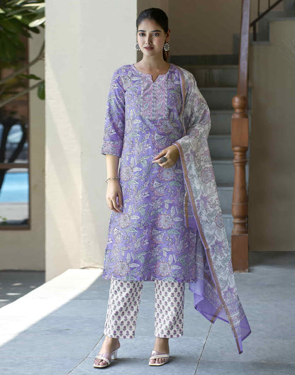 Lavender Printed Rayon Straight Kurta With Pant And Dupatta