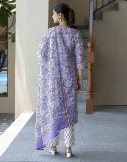 Lavender Printed Rayon Straight Kurta With Pant And Dupatta