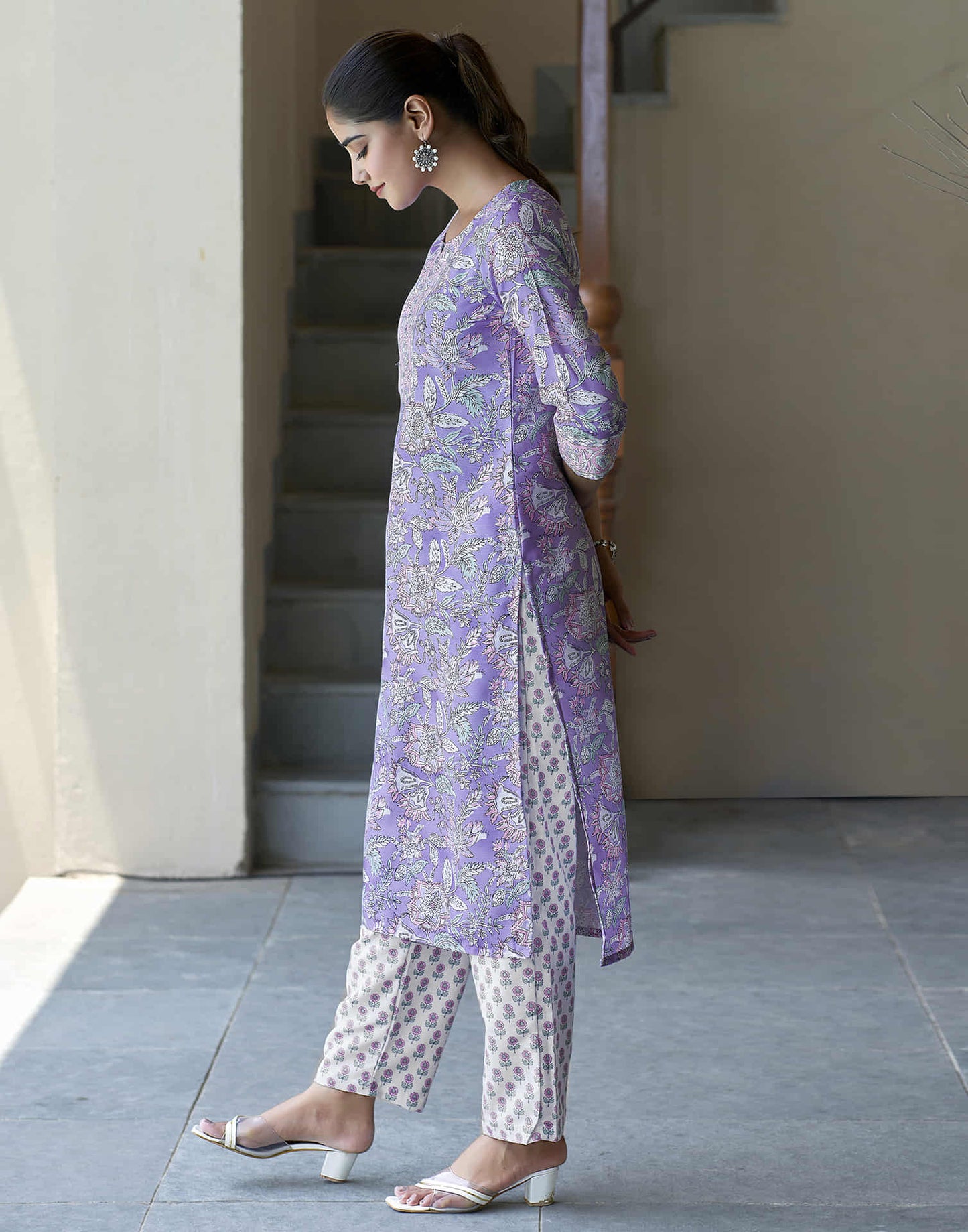 Lavender Printed Rayon Straight Kurta With Pant And Dupatta