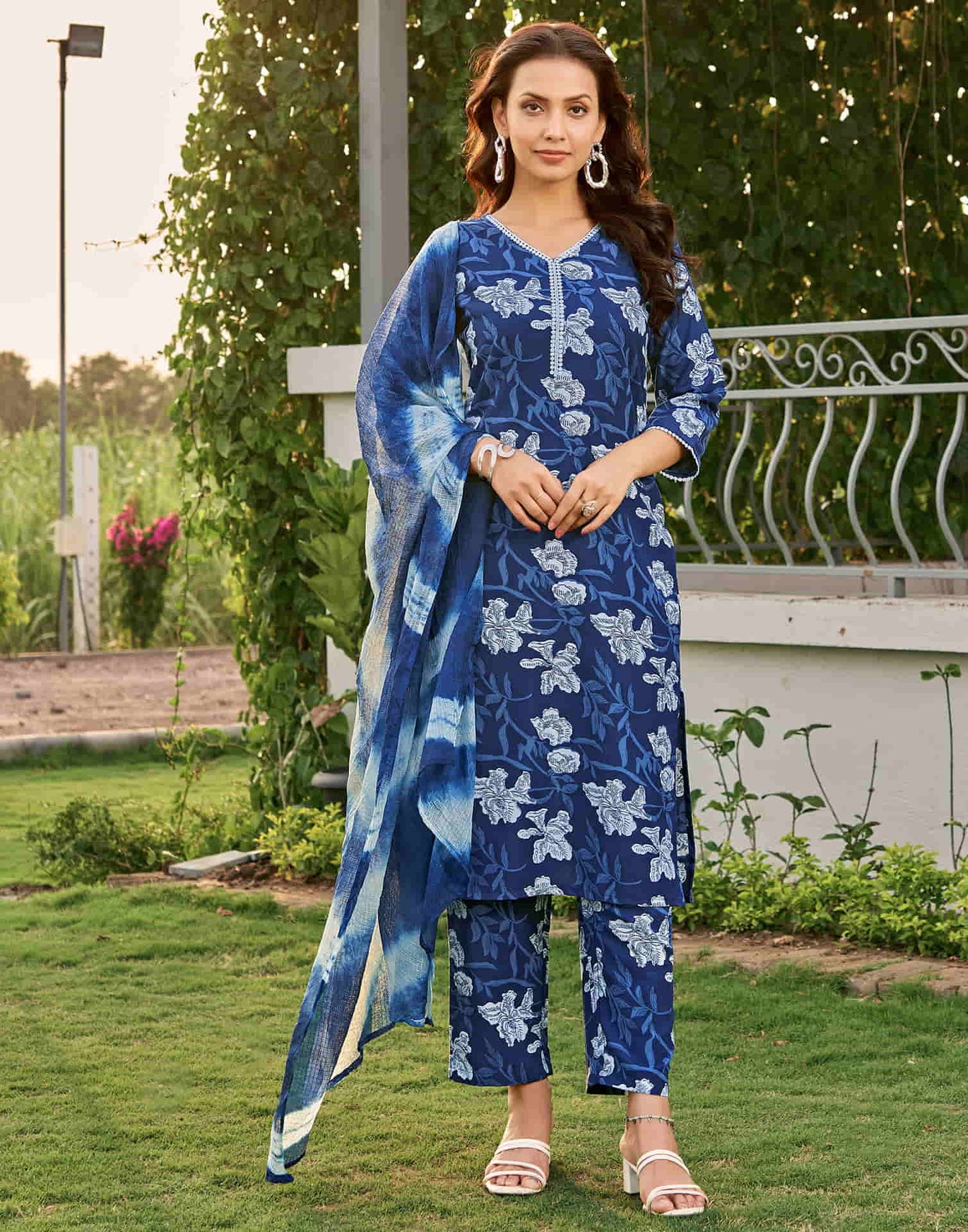 Blue Printed Rayon Straight Kurta With Pant And Dupatta