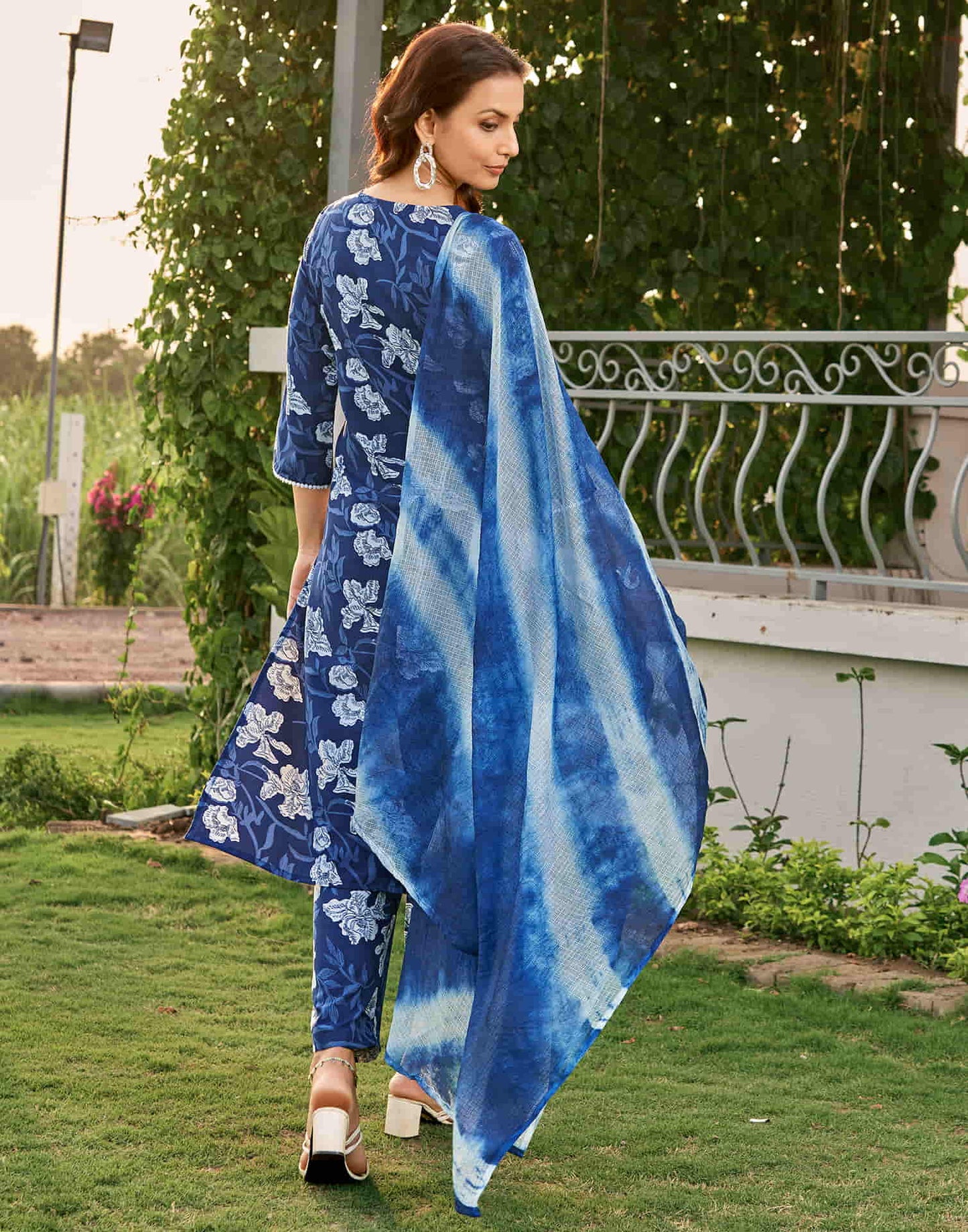 Blue Printed Rayon Straight Kurta With Pant And Dupatta