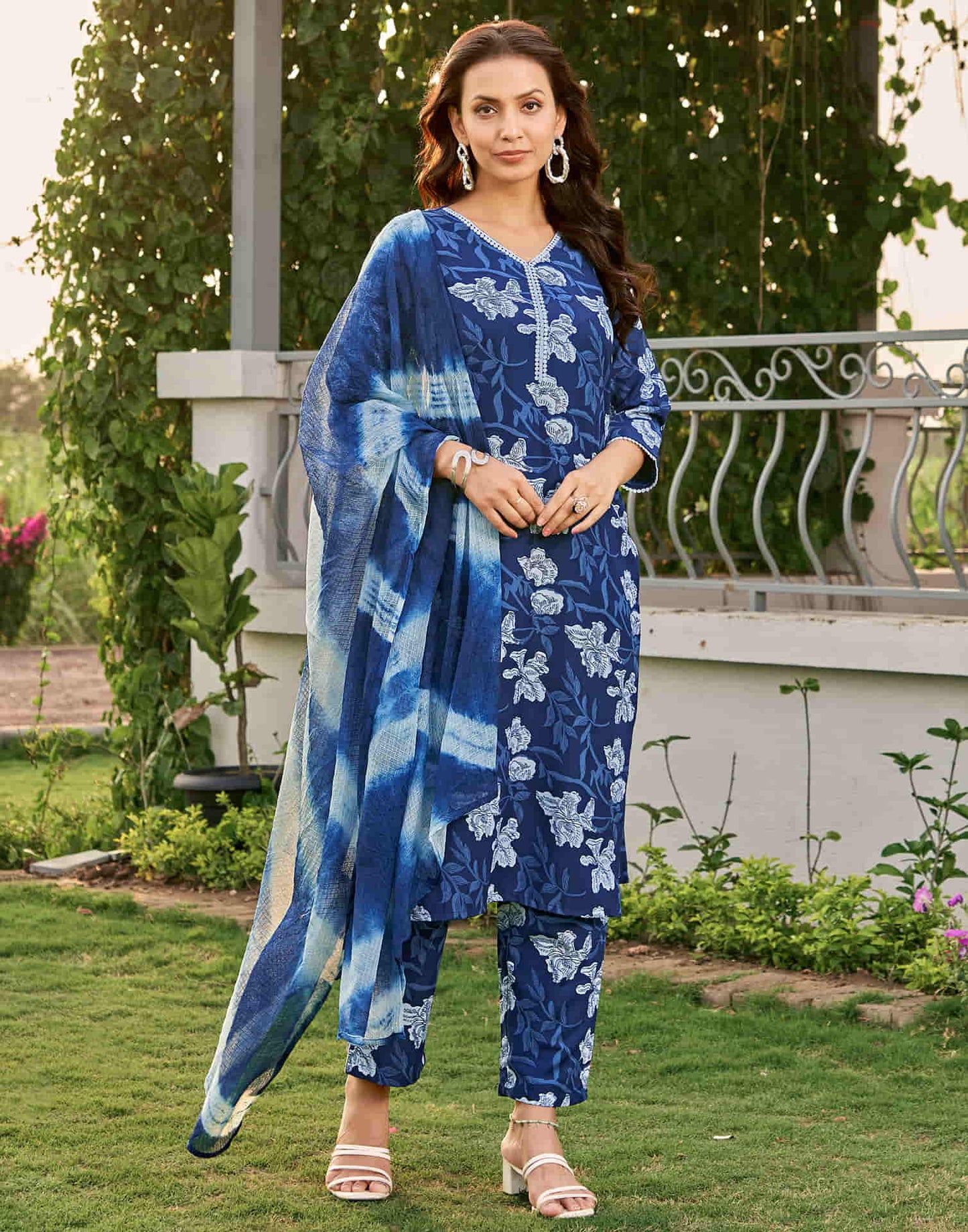 Blue Printed Rayon Straight Kurta With Pant And Dupatta