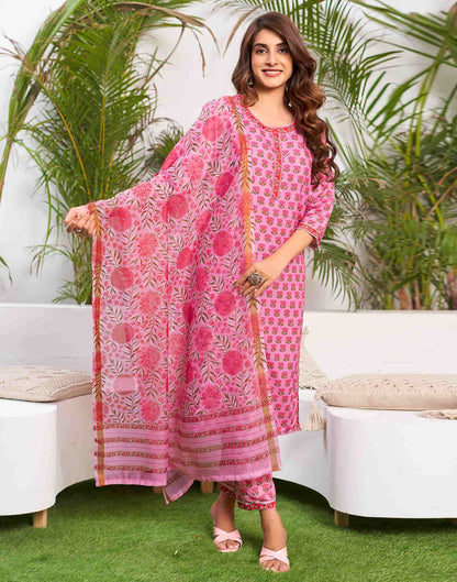 Pink Printed Rayon Straight Kurta With Pant And Dupatta