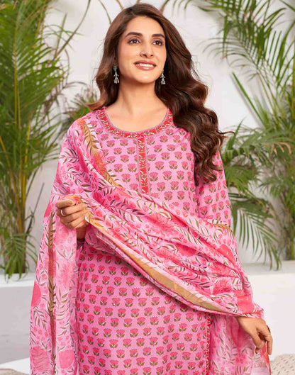 Pink Printed Rayon Straight Kurta With Pant And Dupatta