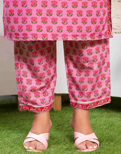 Pink Printed Rayon Straight Kurta With Pant And Dupatta