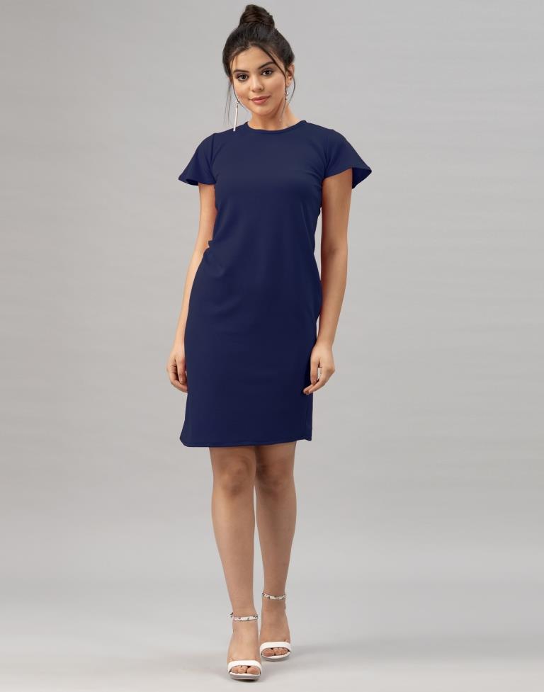 Sleek Navy Blue Coloured Knitted Lycra Bodycon | Sudathi