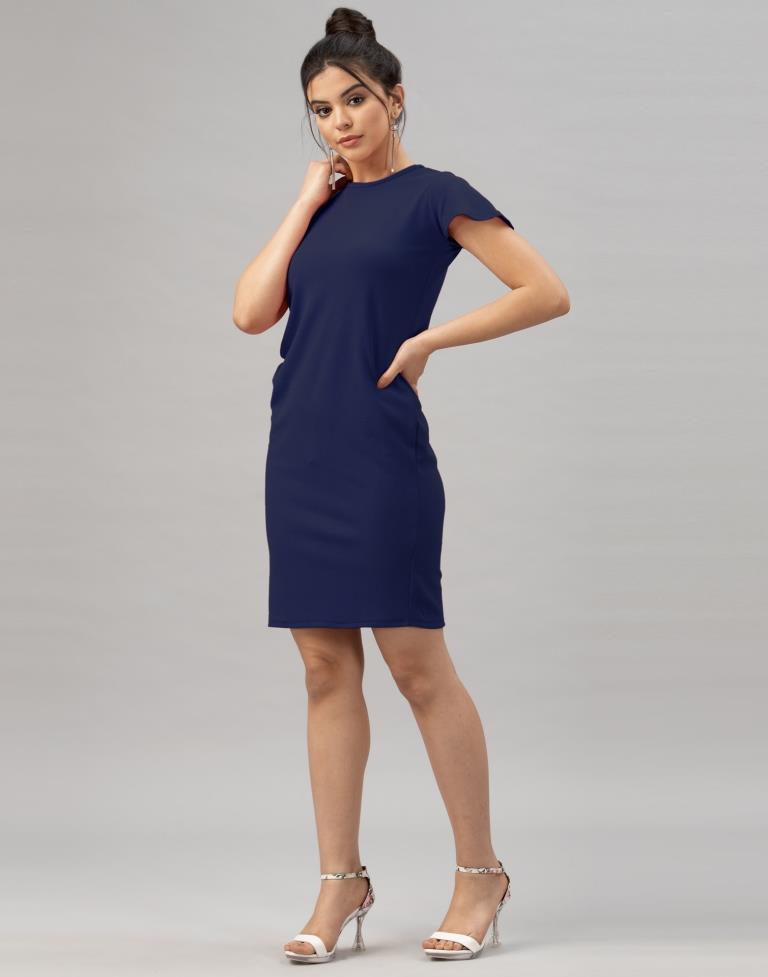 Sleek Navy Blue Coloured Knitted Lycra Bodycon | Sudathi