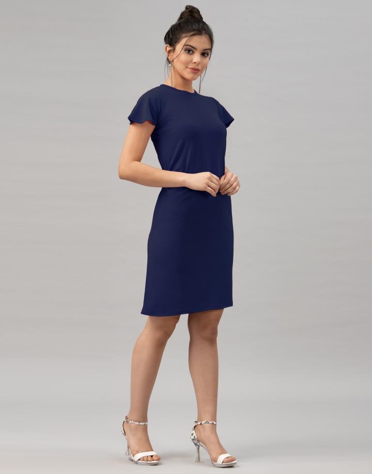 Sleek Navy Blue Coloured Knitted Lycra Bodycon | Sudathi