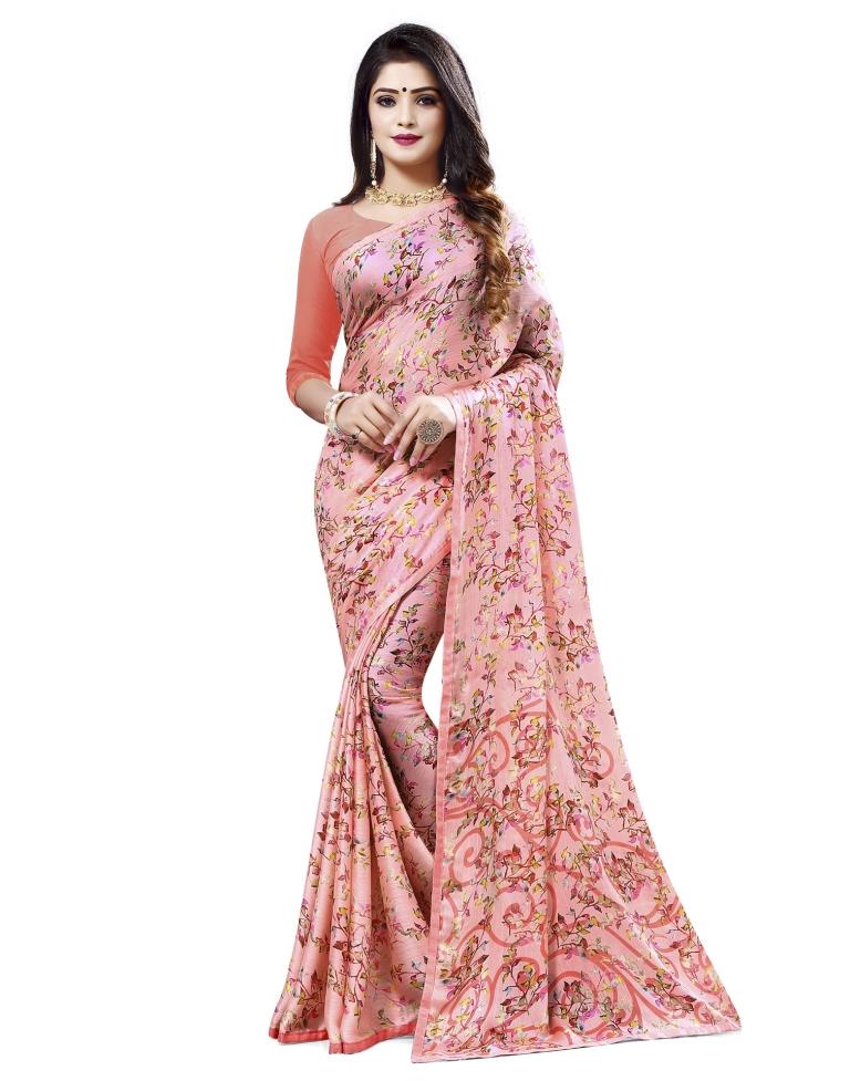 Salmon Pink Coloured Printed Chiffon Saree | Leemboodi