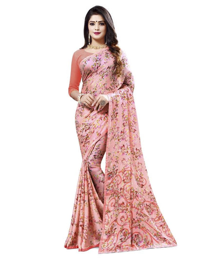Salmon Pink Coloured Printed Chiffon Saree | Leemboodi