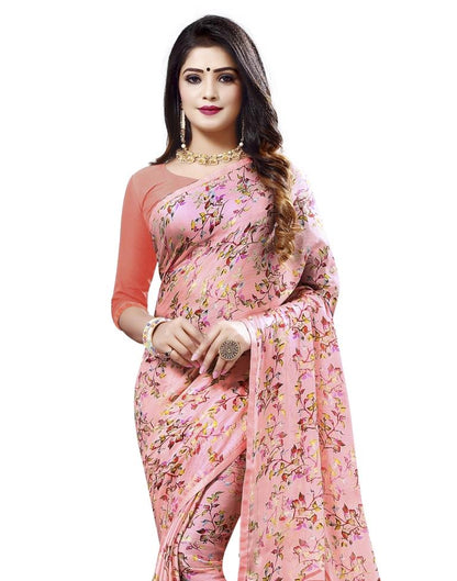 Salmon Pink Coloured Printed Chiffon Saree | Leemboodi
