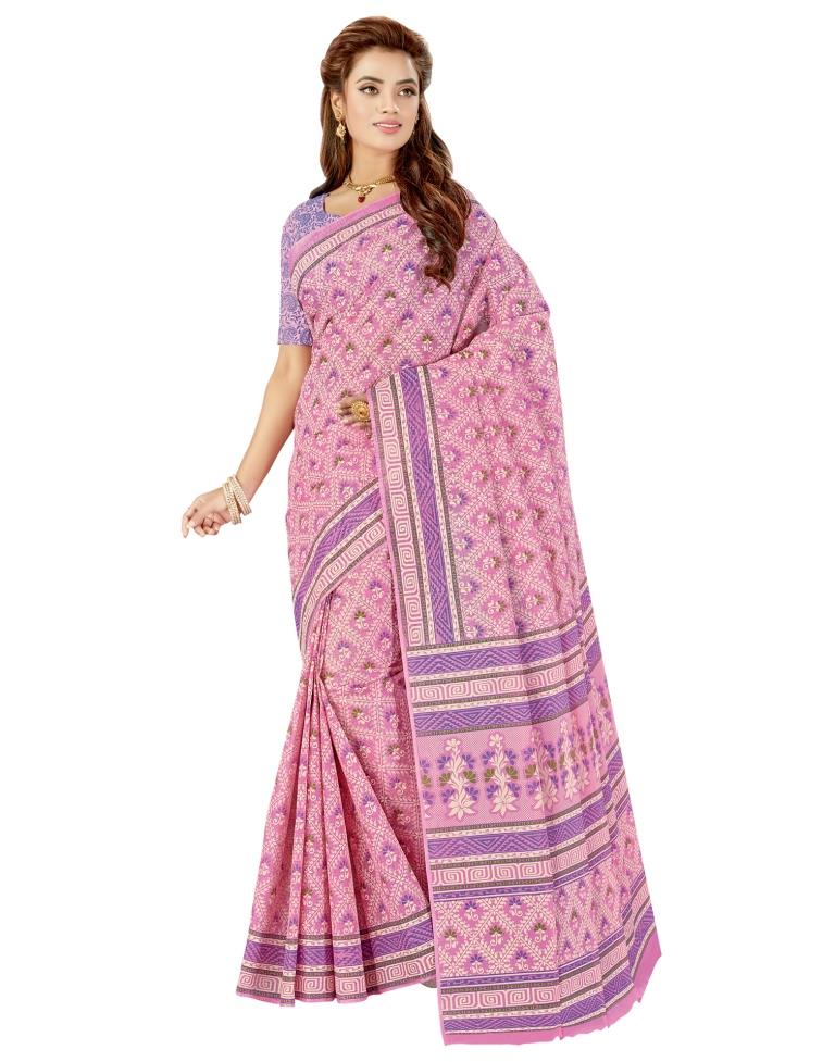 Hot Pink Coloured Printed Cotton Saree | Leemboodi
