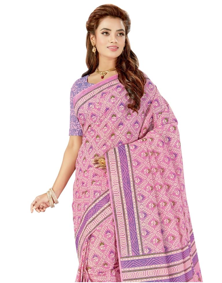 Hot Pink Coloured Printed Cotton Saree | Leemboodi
