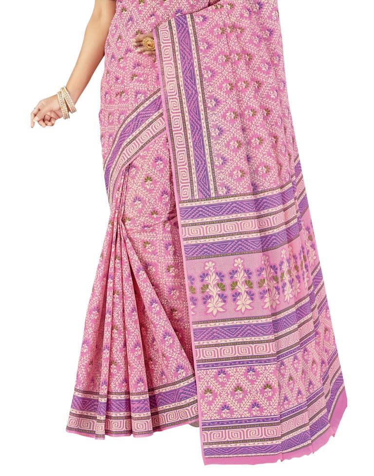 Hot Pink Coloured Printed Cotton Saree | Leemboodi