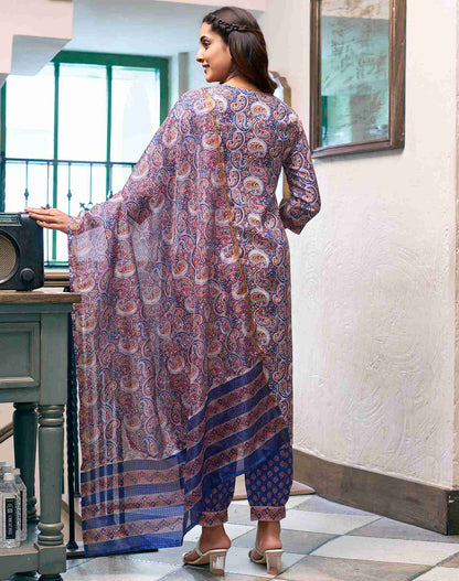 Blue Rayon Printed Kurta Set With Dupatta