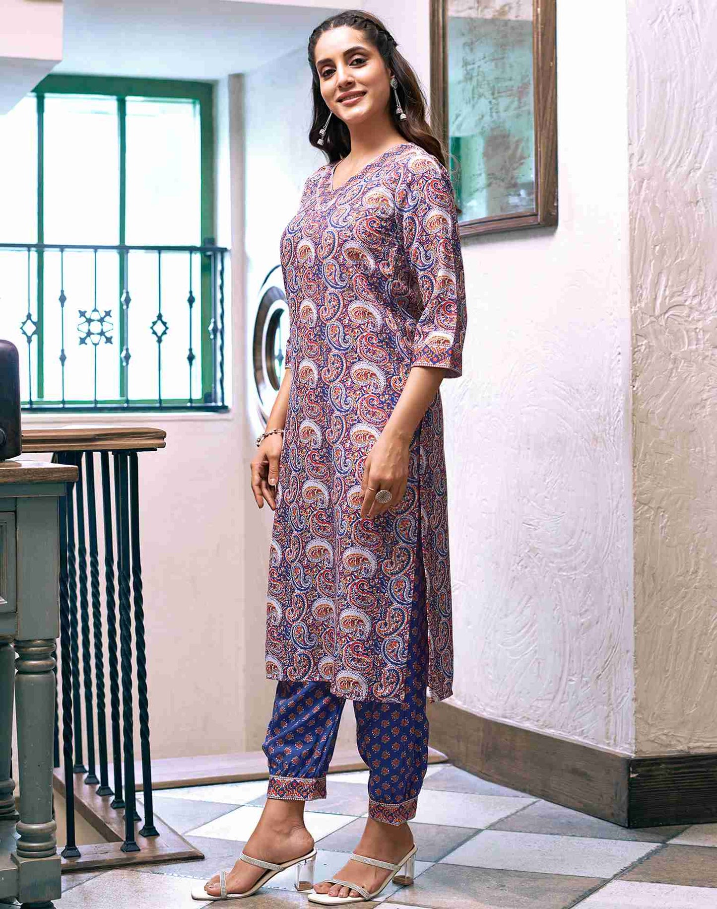 Blue Rayon Printed Kurta Set With Dupatta
