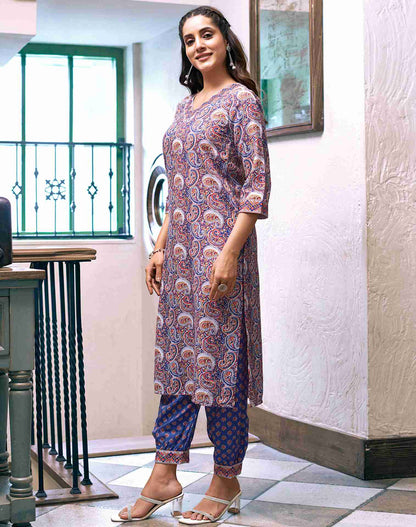 Blue Rayon Printed Kurta Set With Dupatta