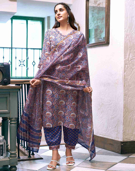 Blue Rayon Printed Kurta Set With Dupatta