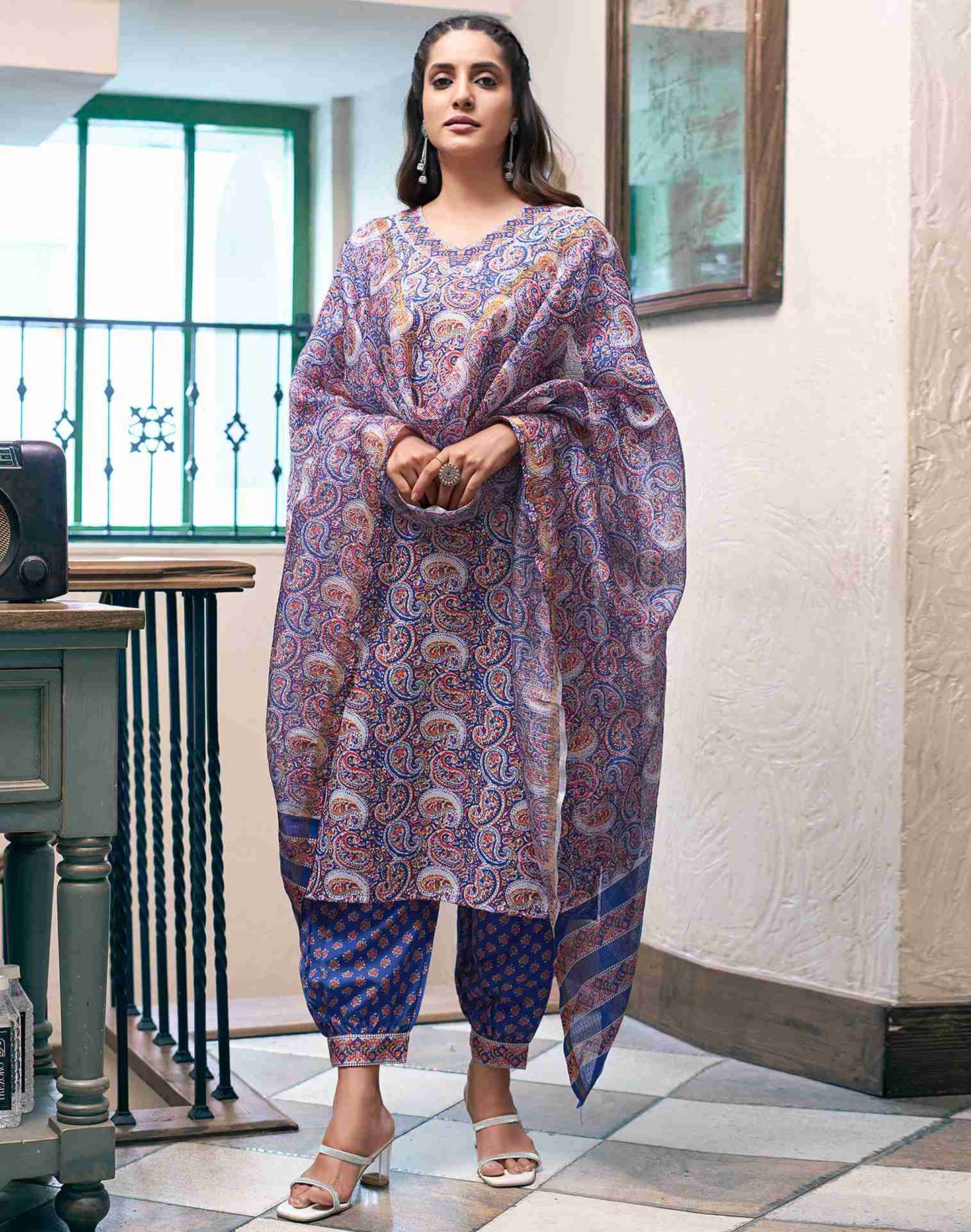 Blue Rayon Printed Kurta Set With Dupatta
