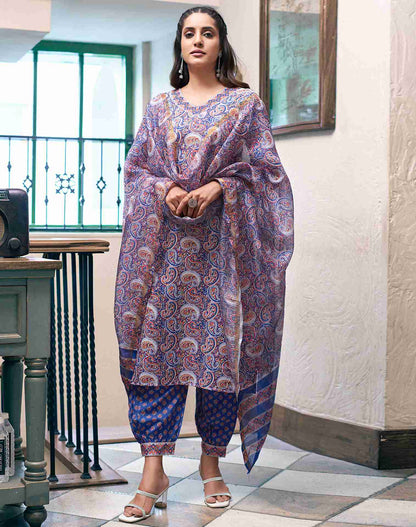 Blue Rayon Printed Kurta Set With Dupatta