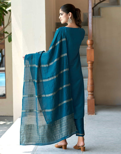 Teal Blue Embroidery Cotton Straight Kurta With Pant And Dupatta