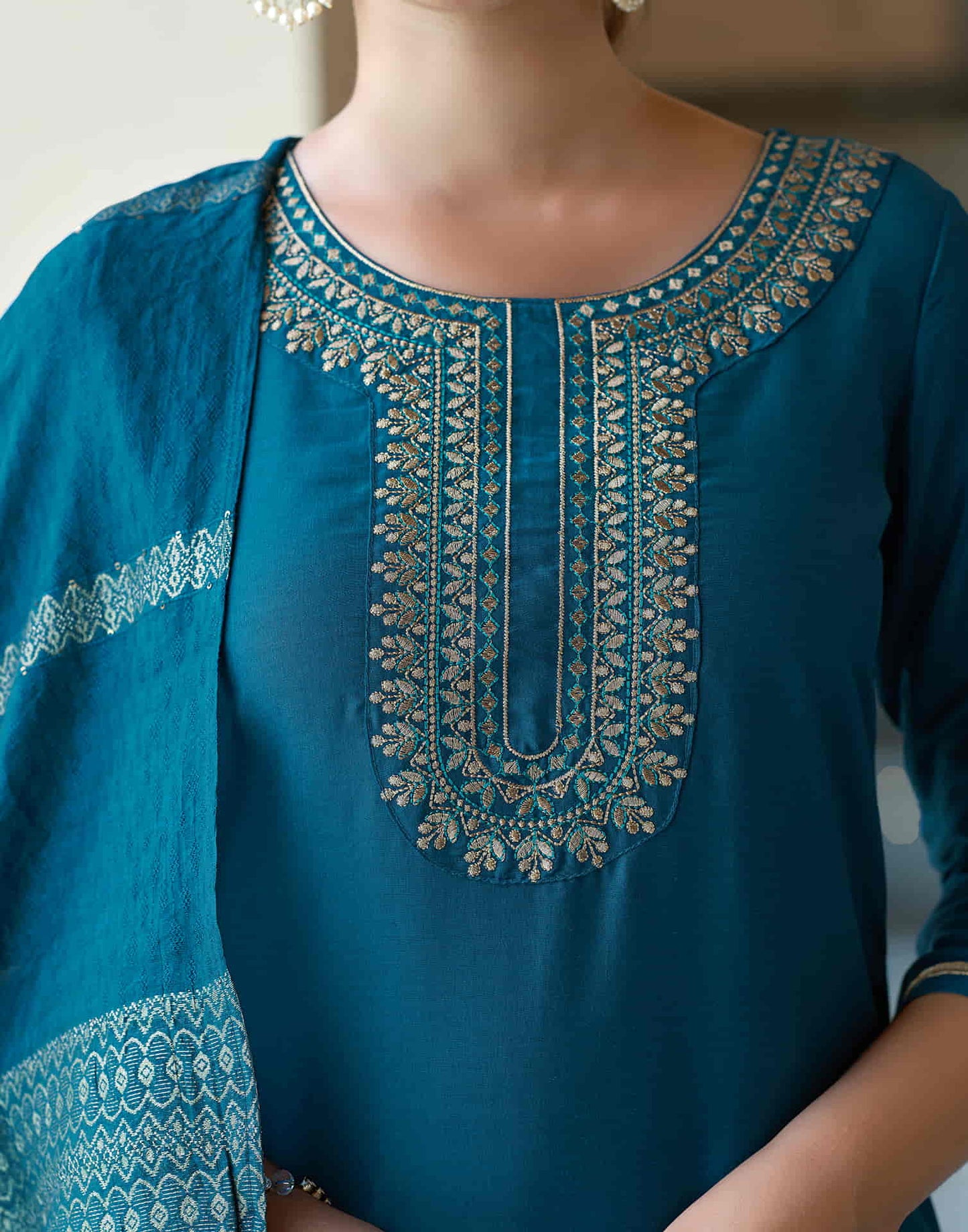 Teal Blue Embroidery Cotton Straight Kurta With Pant And Dupatta