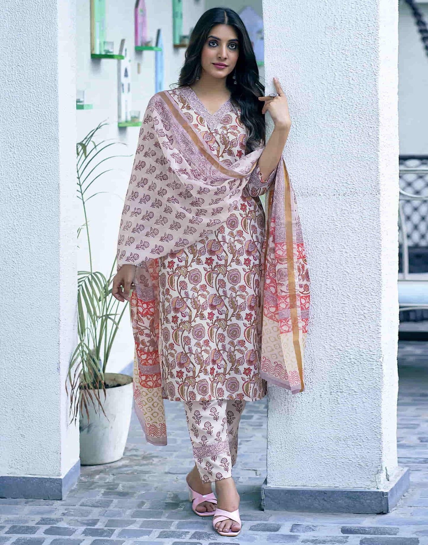 Off White Printed Rayon Straight Kurta With Pant And Dupatta