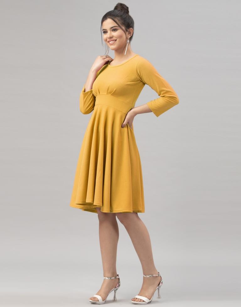 Whimsical Mustard Yellow Coloured Knitted Lycra Dress | Leemboodi