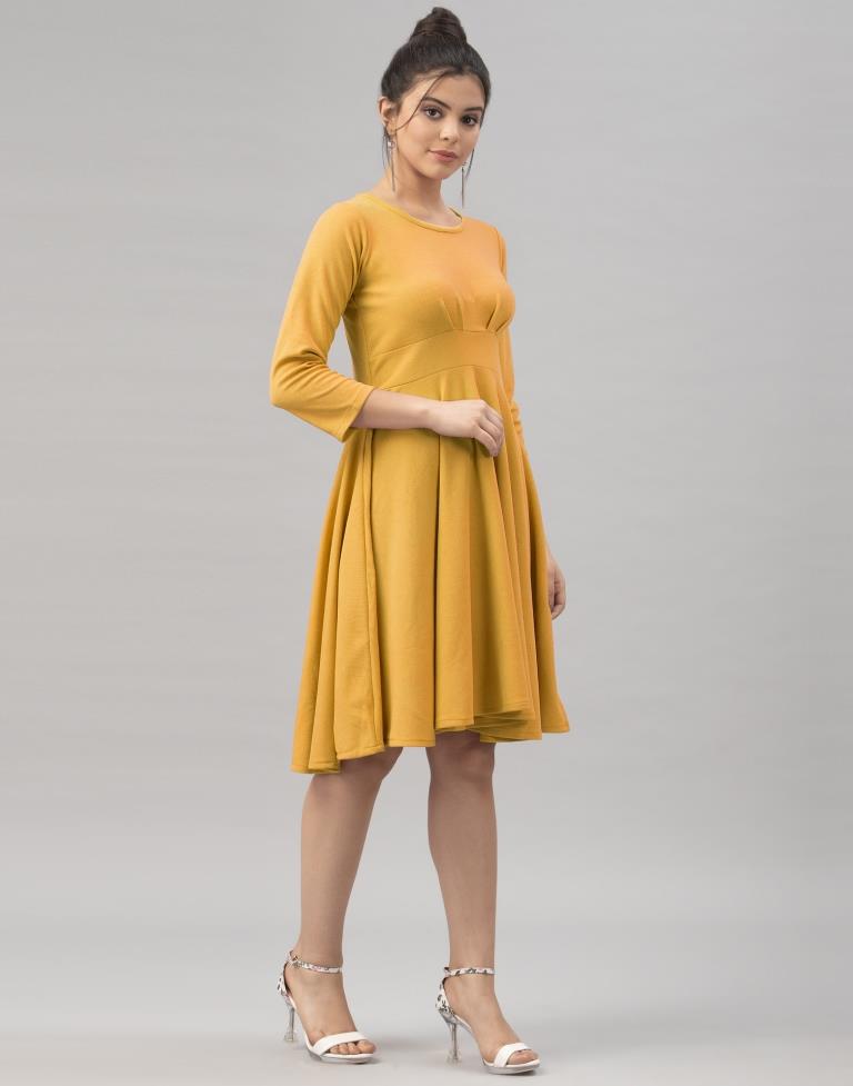 Whimsical Mustard Yellow Coloured Knitted Lycra Dress | Leemboodi