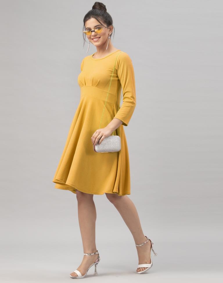 Whimsical Mustard Yellow Coloured Knitted Lycra Dress | Leemboodi