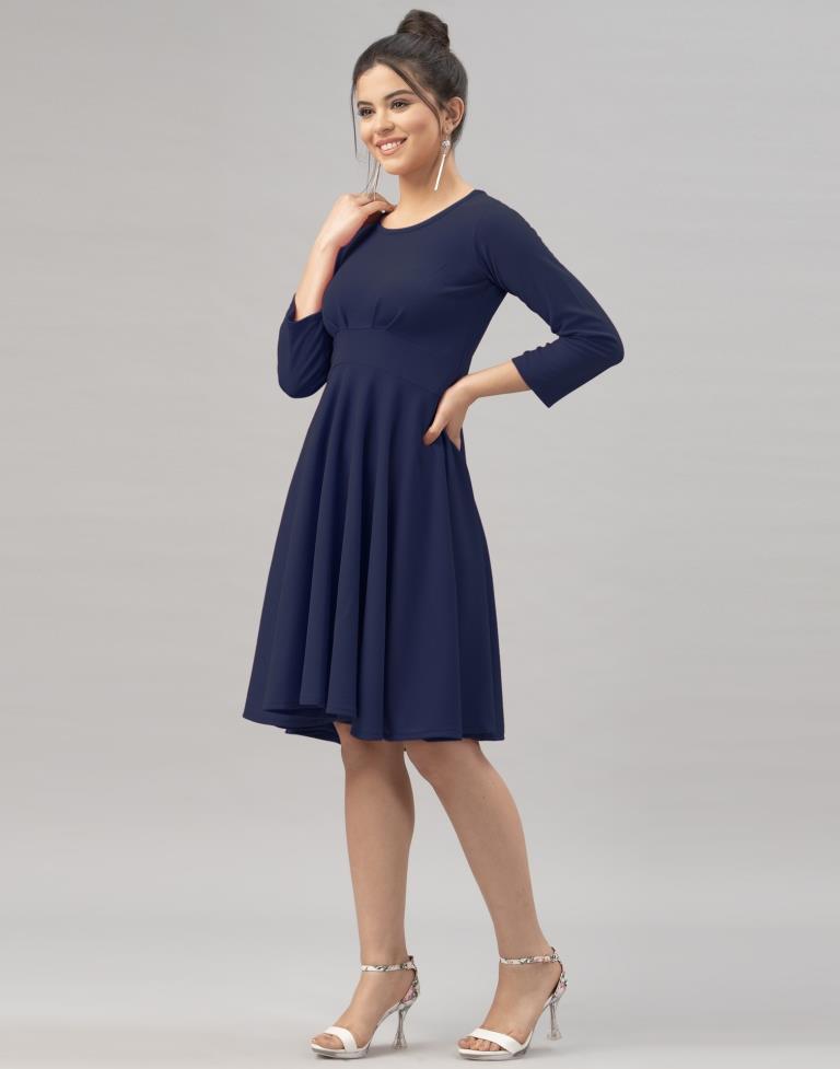 Glorious Navy Blue Coloured Knitted Lycra Dress | Leemboodi