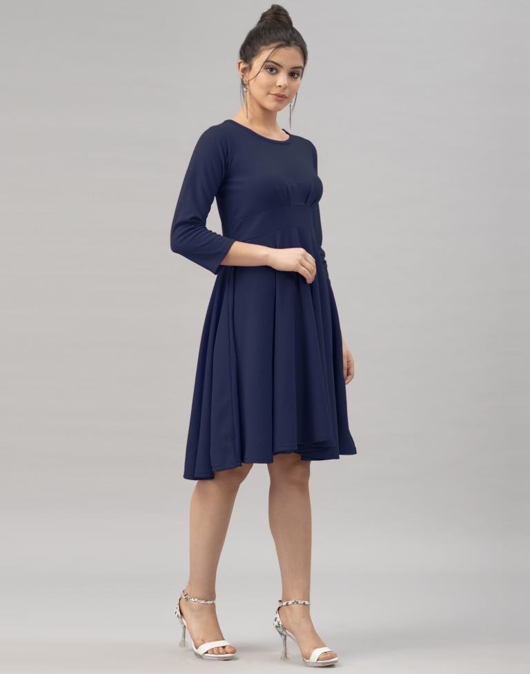 Glorious Navy Blue Coloured Knitted Lycra Dress | Leemboodi