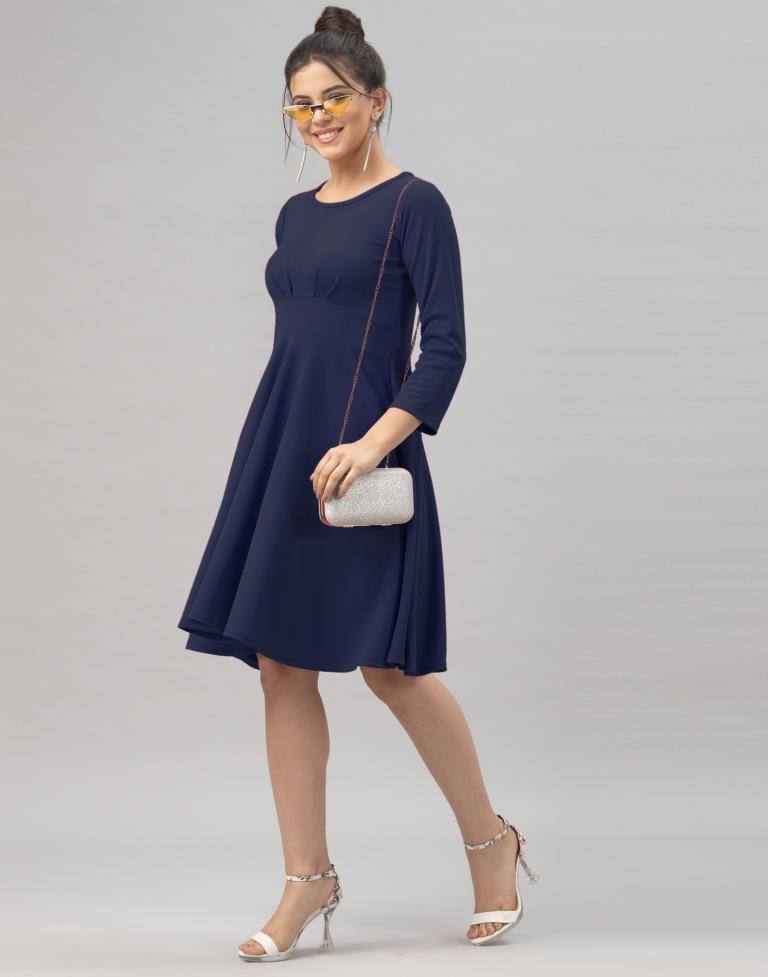 Glorious Navy Blue Coloured Knitted Lycra Dress | Leemboodi