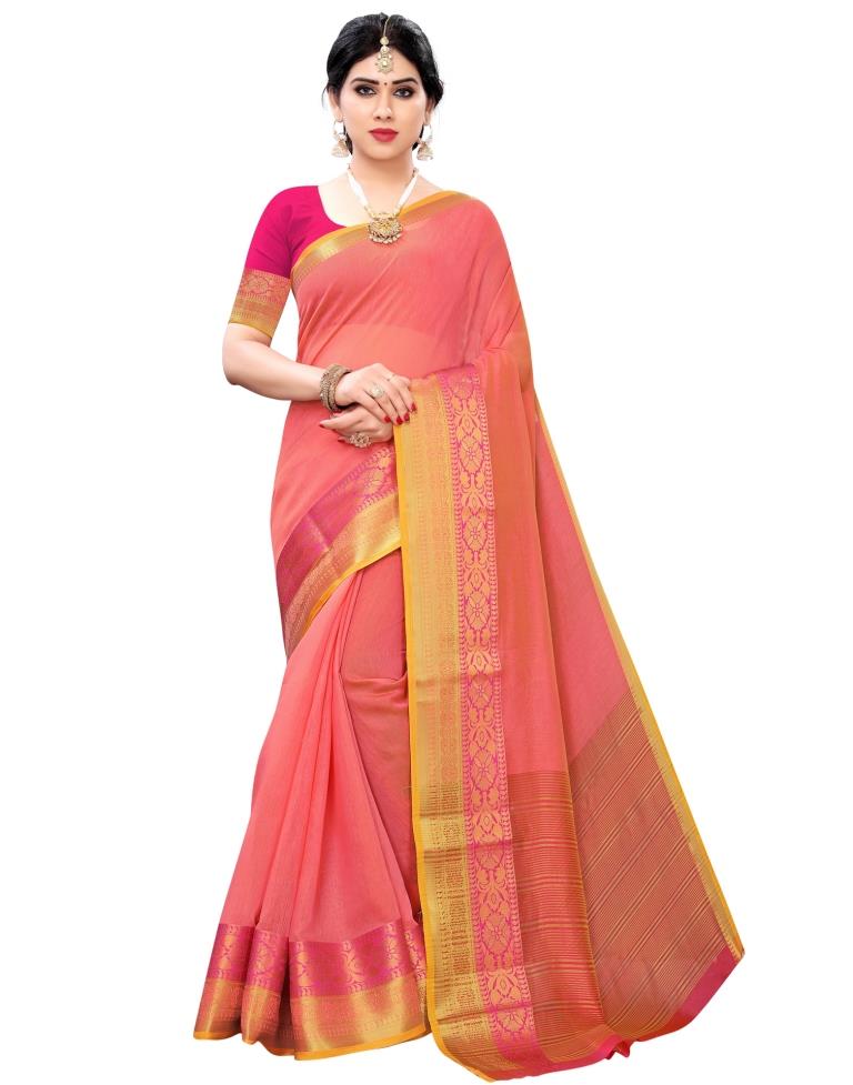 Coral Pink Coloured Jacquard Cotton Saree | Sudathi