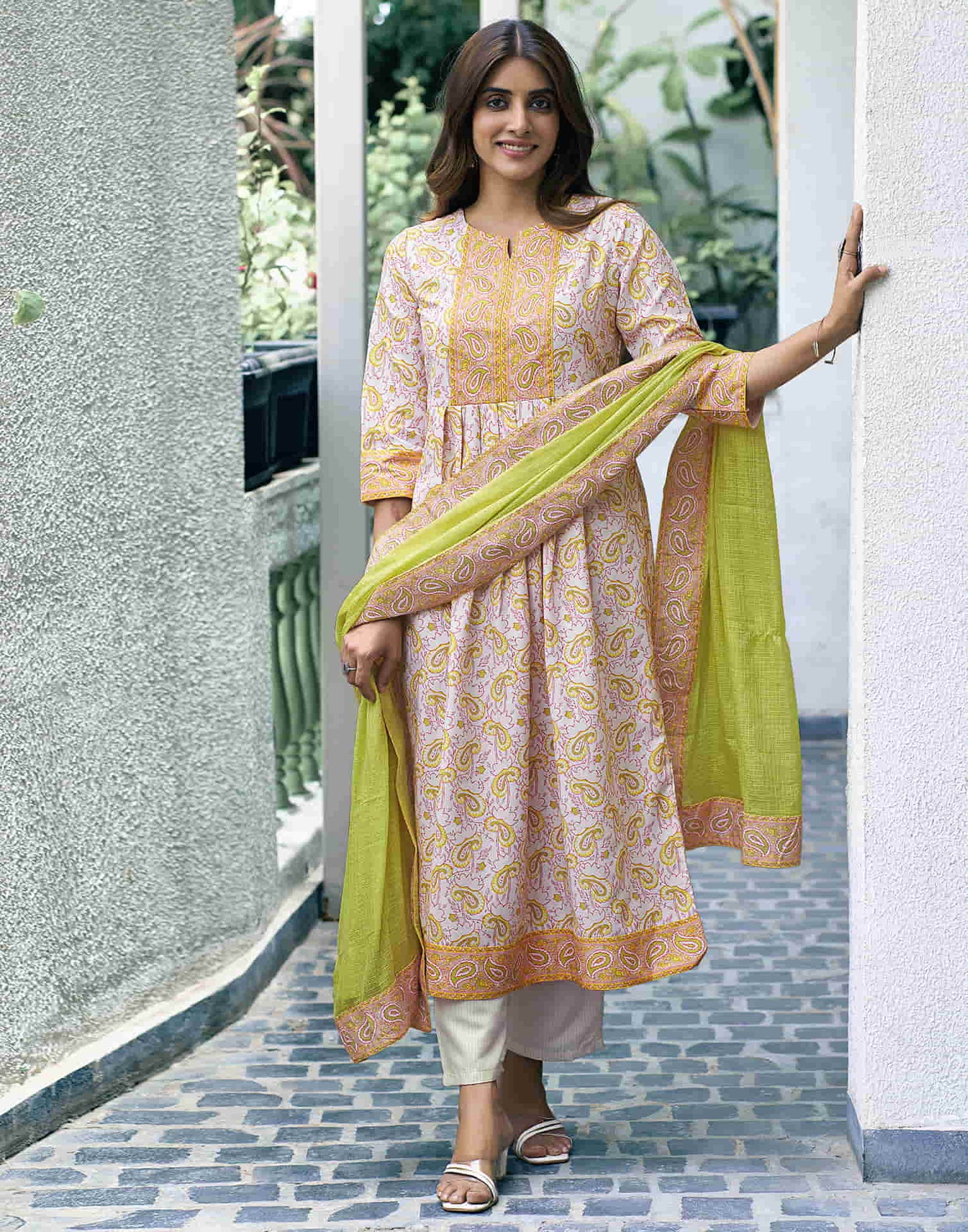 Off White Printed Rayon Flared Kurta With Pant And Dupatta