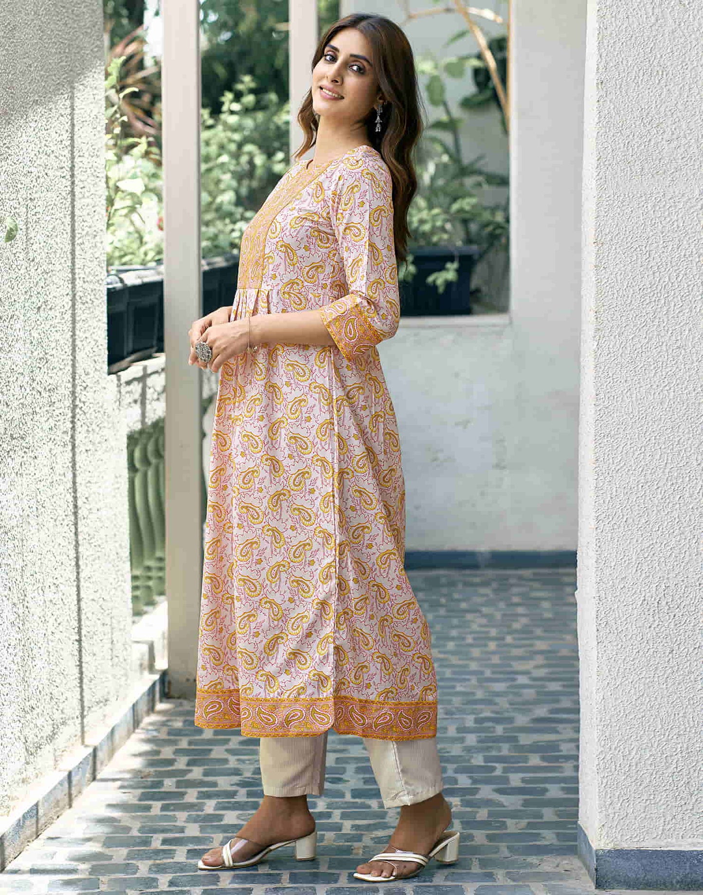 Off White Printed Rayon Flared Kurta With Pant And Dupatta