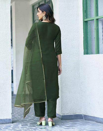 Bottle Green Sequence Chinnon Straight Kurta With Pant And Dupatta