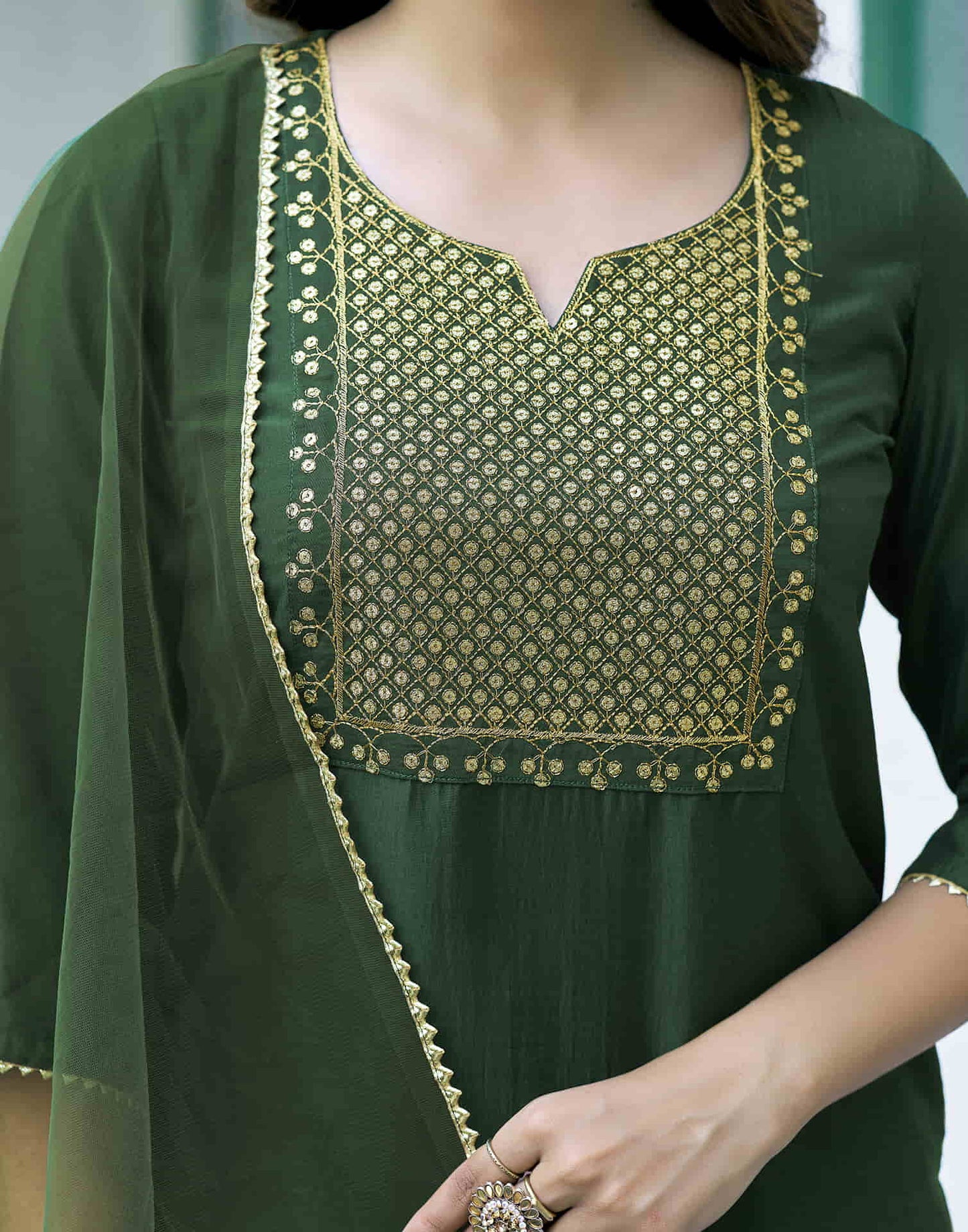 Bottle Green Sequence Chinnon Straight Kurta With Pant And Dupatta