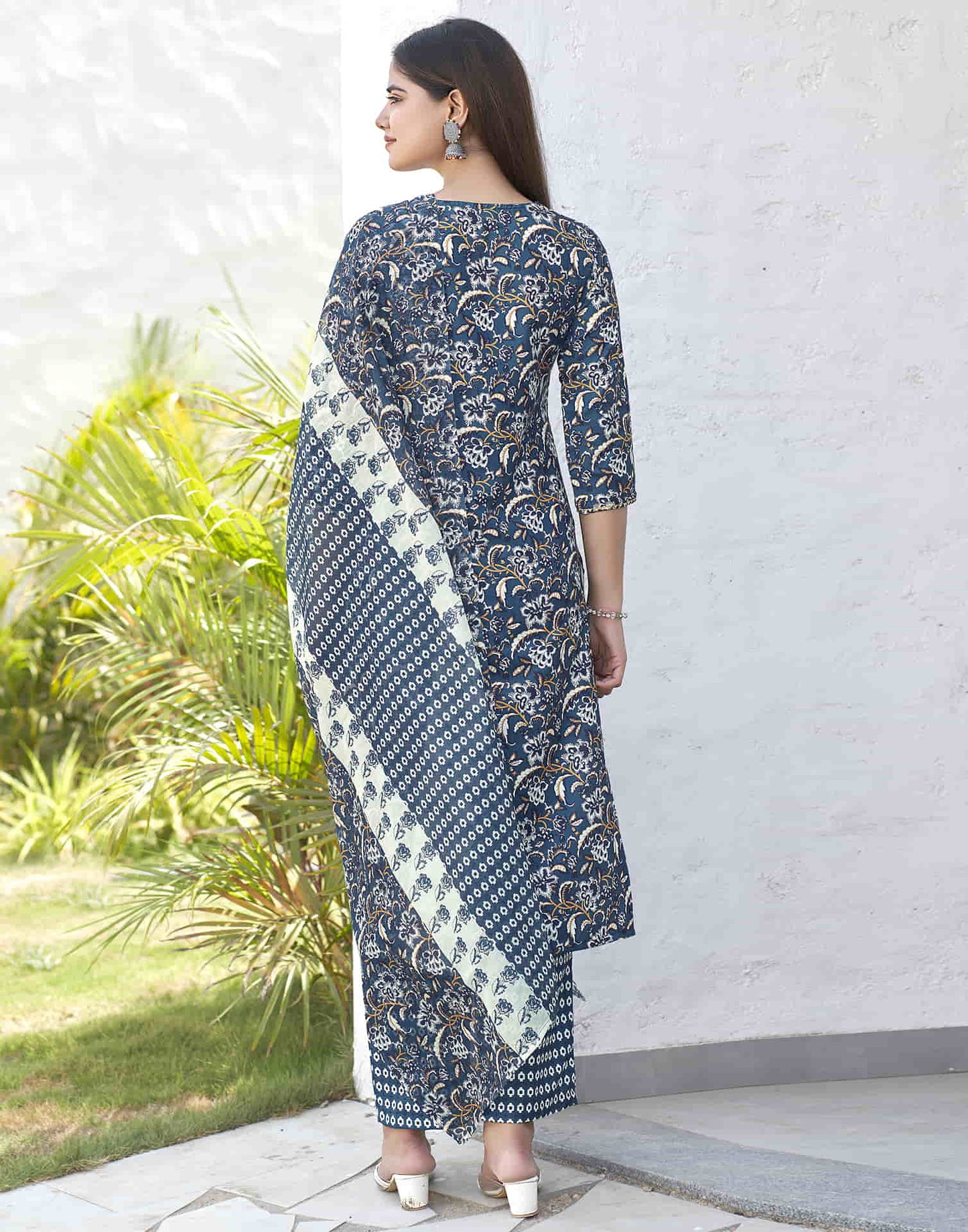 Rama Blue Printed Rayon Straight Kurta With Pant And Dupatta